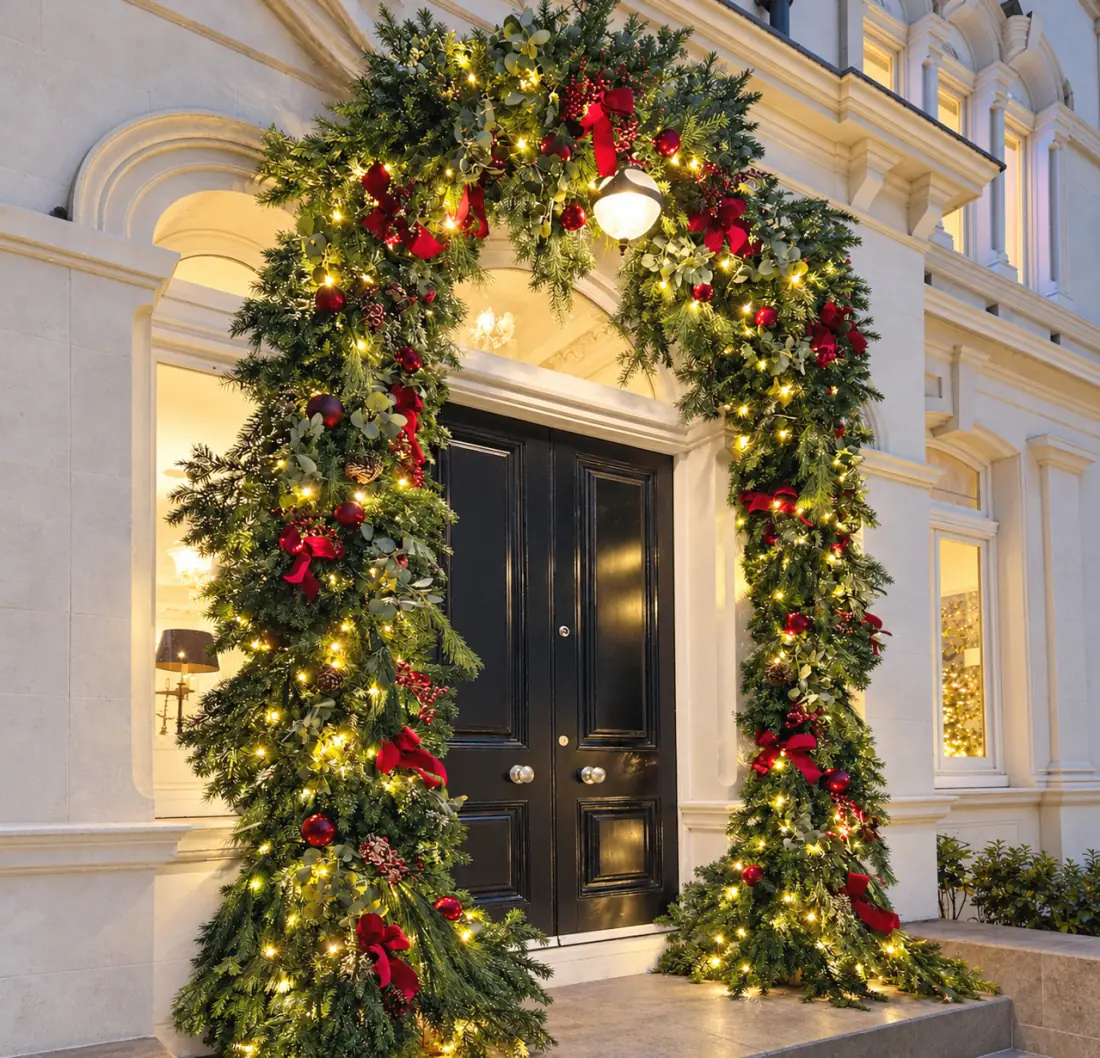 Grand front doorway in Malvern framed by a lit garland arch with red bows and baubles